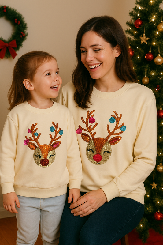 Beige Reindeer Sequin Mom&Me Sweatshirt