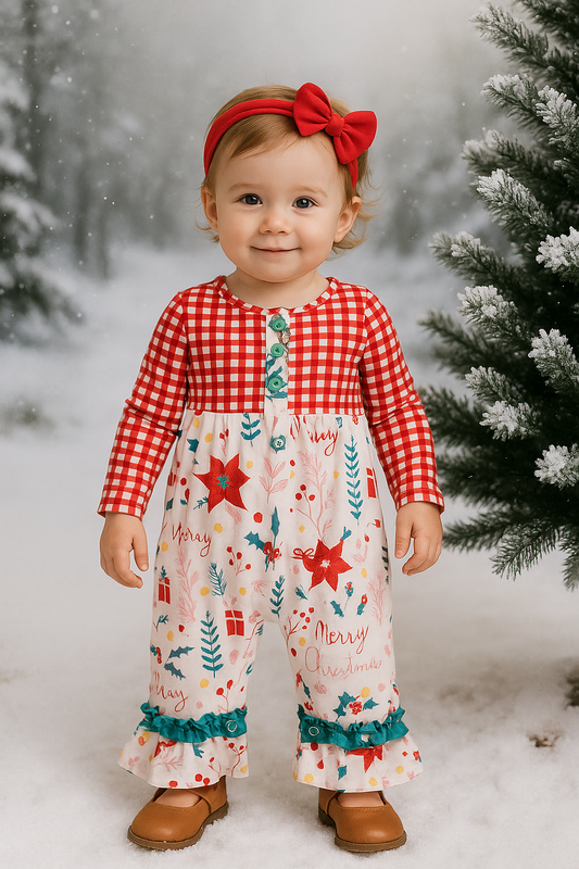 Platinum Red Christmas Plaid Ruffle Girl Romper