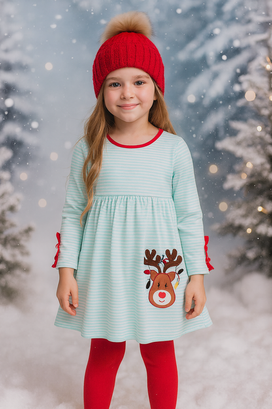 Blue Reindeer Applique Stripe Dress
