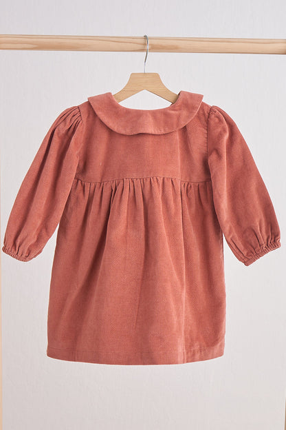 Rust Floral Embroidery Velveteen Girl Dress