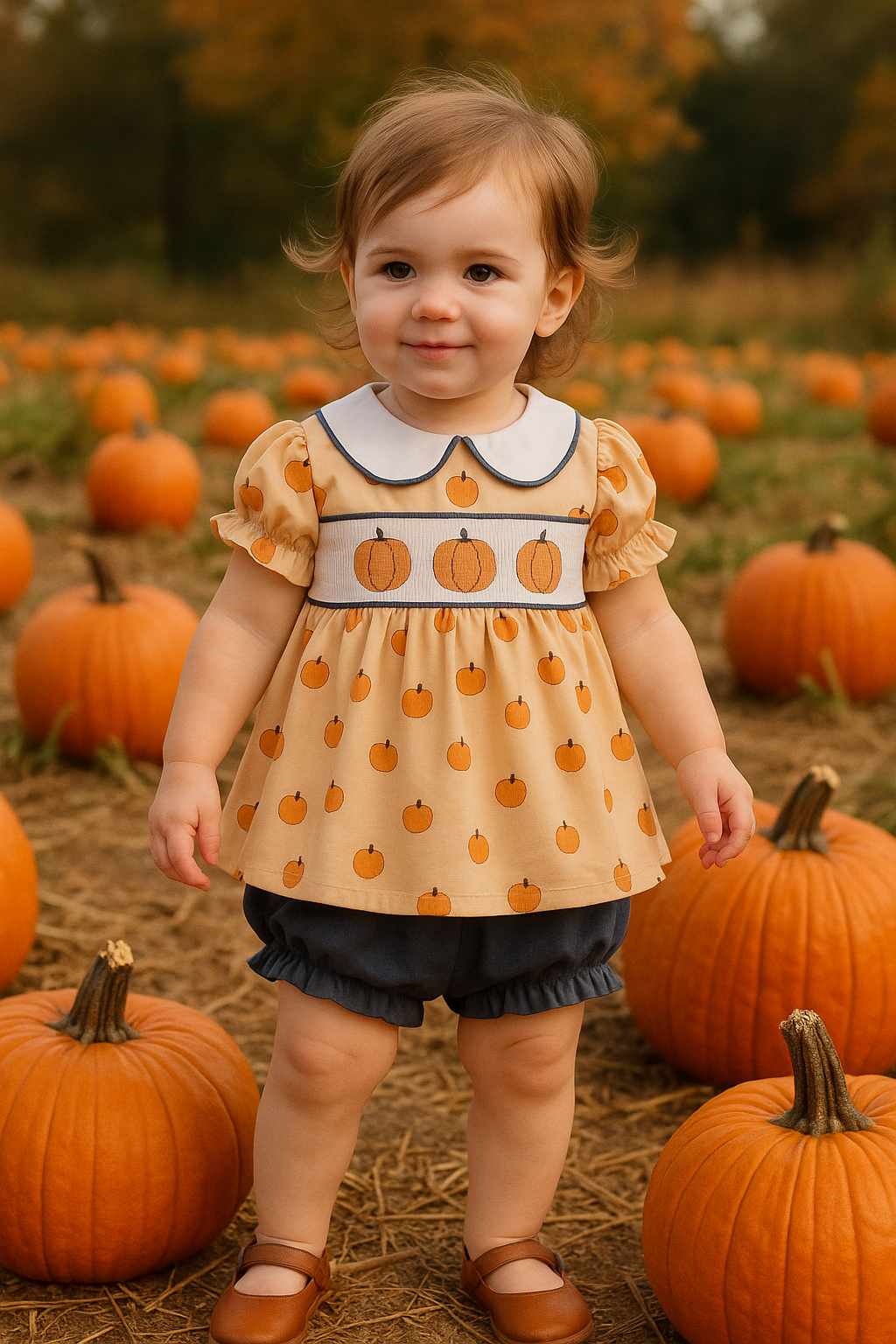 Khaki Embroidery Smocked Bloomer Set
