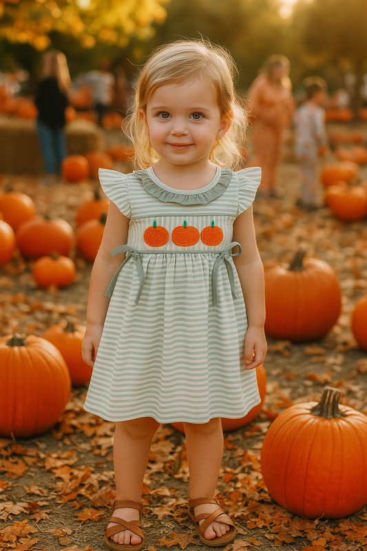 Sage Stripe French Knot Ruffle Dress