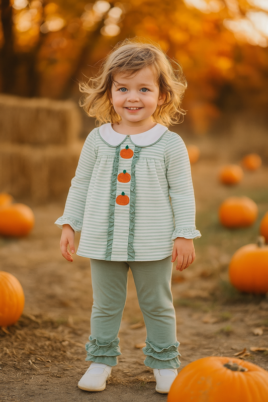Sage Stripe French Knot Ruffle Pants Set