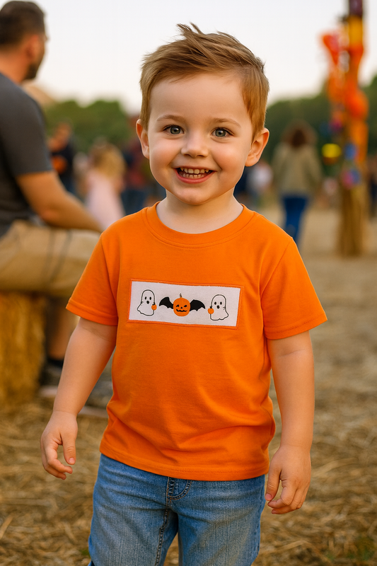 Orange Halloween Pumpkin Ghost Embroidery Top