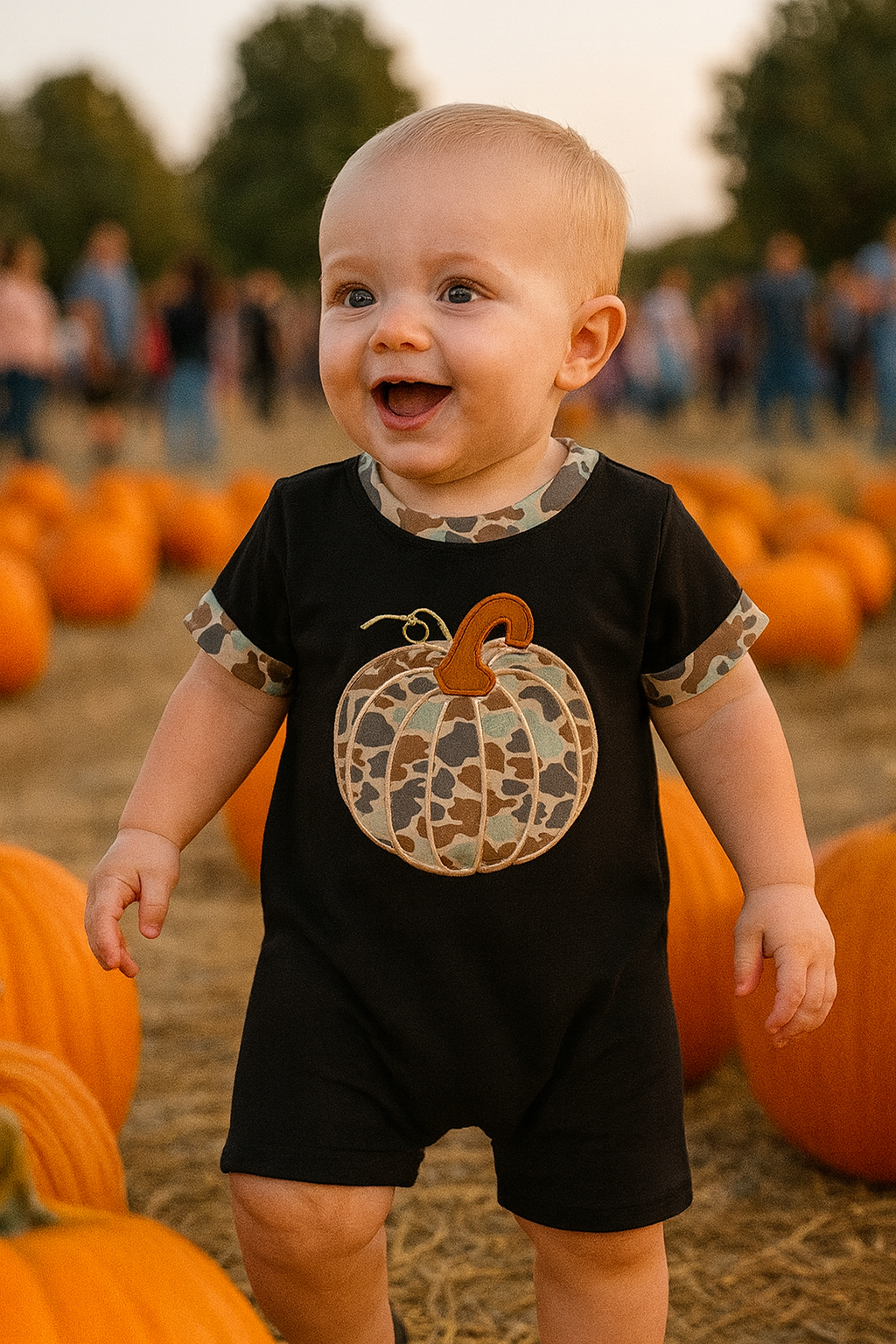 Black Camouflage Pumpkin Applique Romper