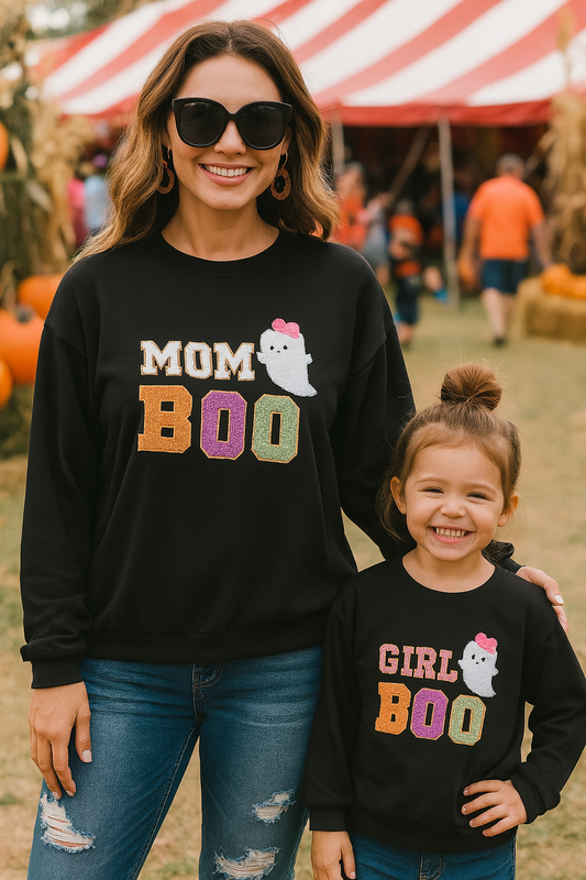 Black Halloween Mom&Girl Boo Chenille Patch Top