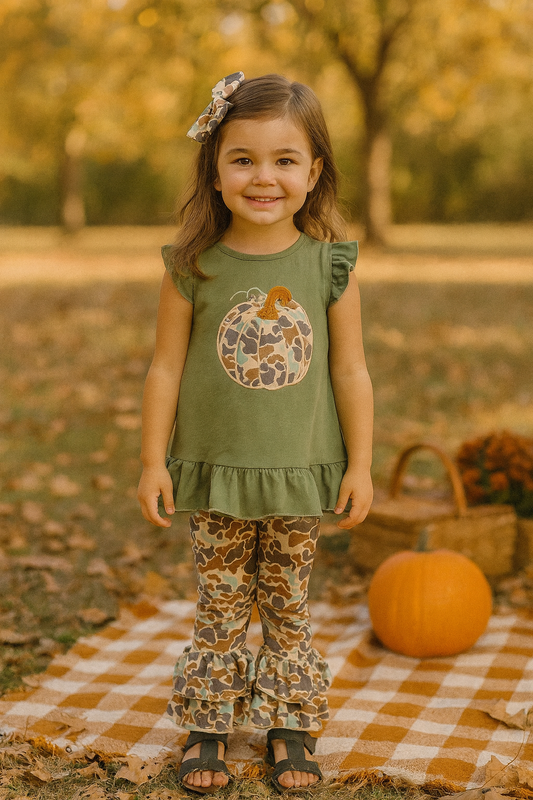 Camouflage Print Pumpkin Applique Ruffle Pants Set