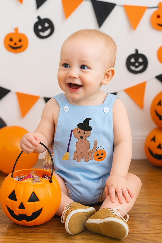 Blue Halloween Witch Dog Embroidery Boy Bubble