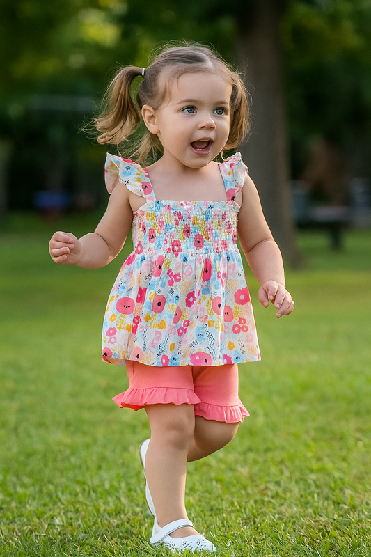 Pink Floral Print Smocked Set