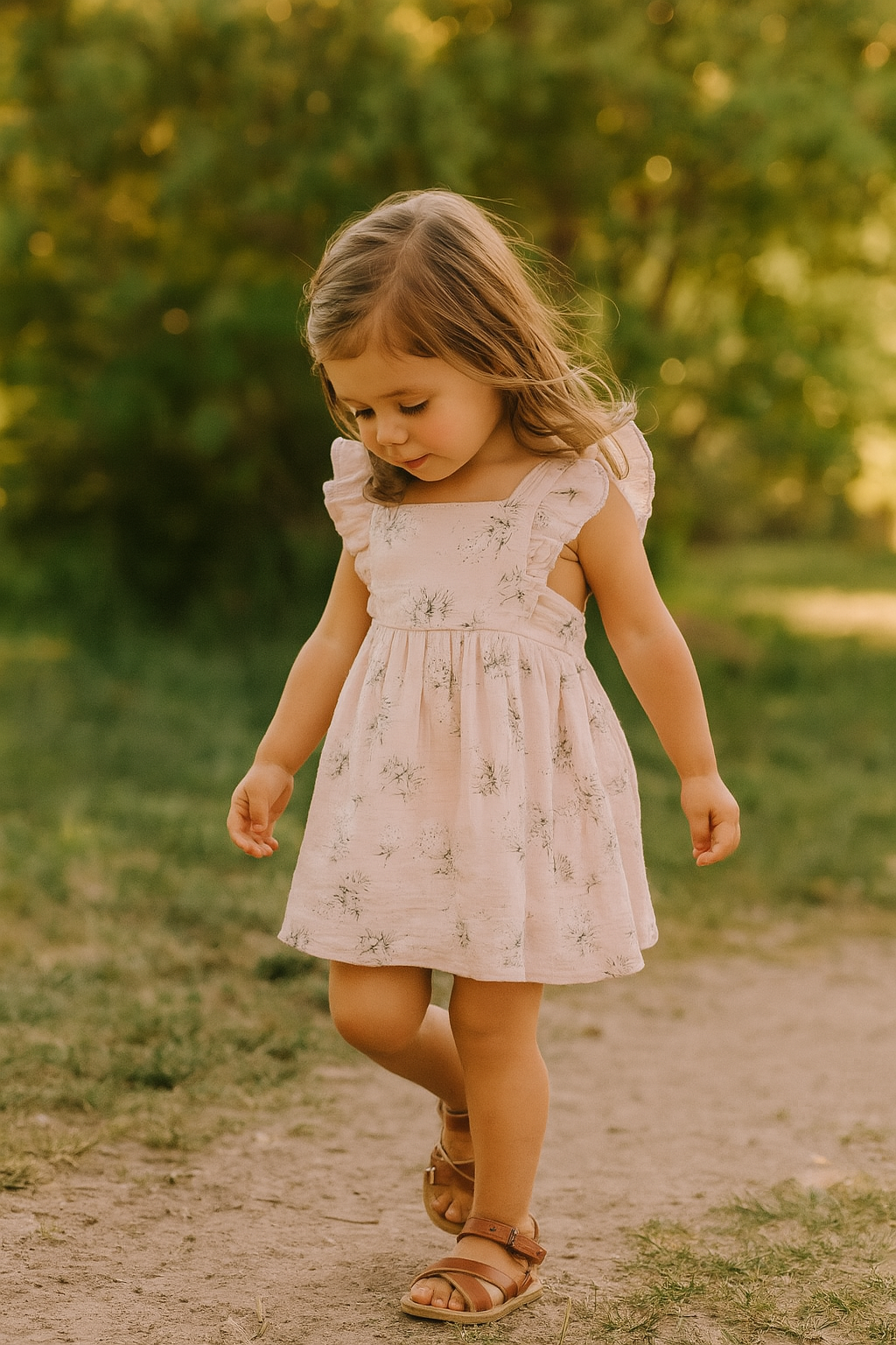 Pink Floral Print Muslin Girl Ruffle Dress