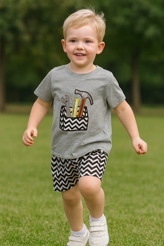 Gray Tool Box Applique Shorts Set