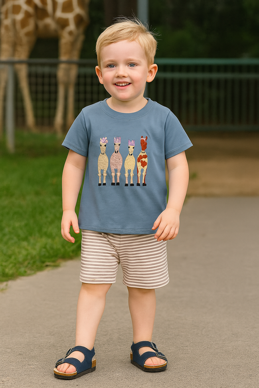 Blue Farm Horses Embroidery Shorts Set