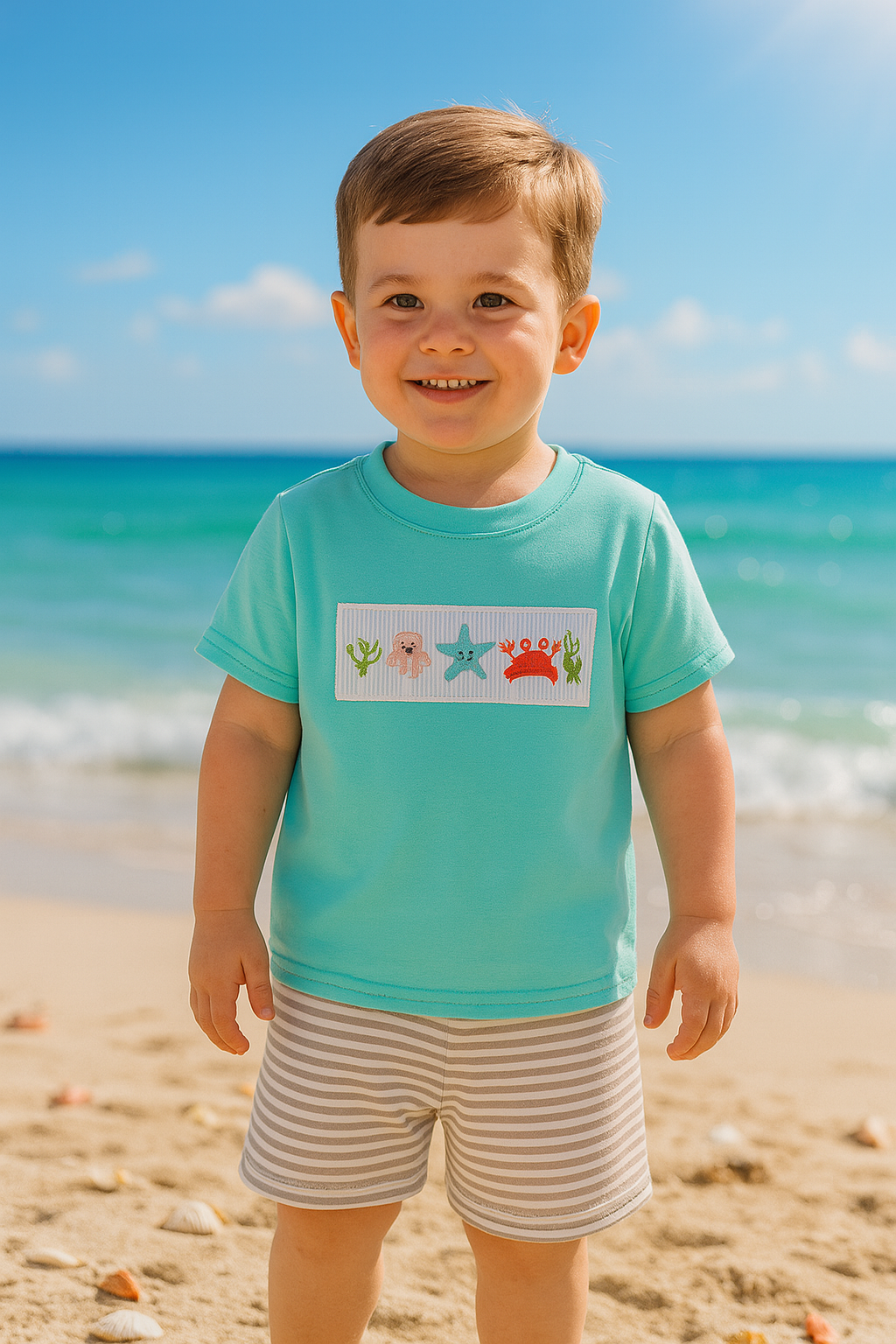 Blue Marine Creature Embroidery Smocked Top