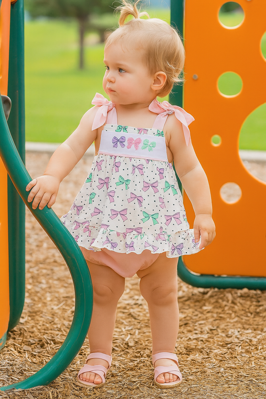 Pink Bow Embroidery Print Bloomer Set