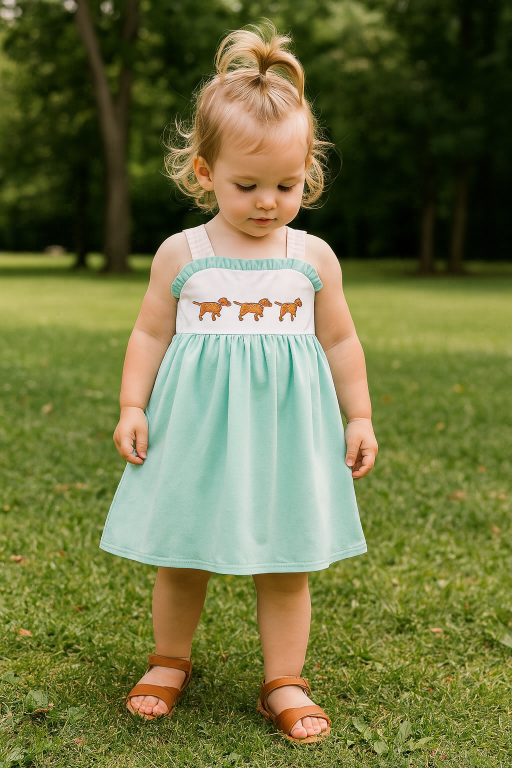 Mint Hunting Puppy Embroidery Ruffle Dress