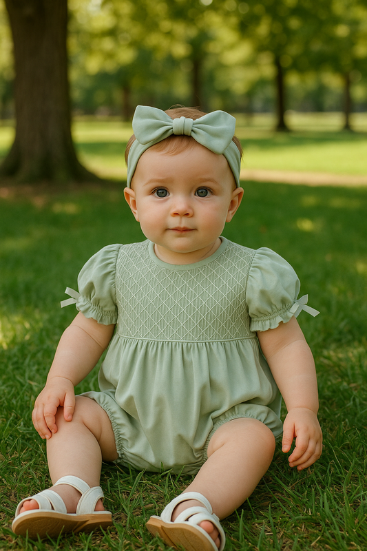 Sage Hand-Smocked Lace Girl Bubble
