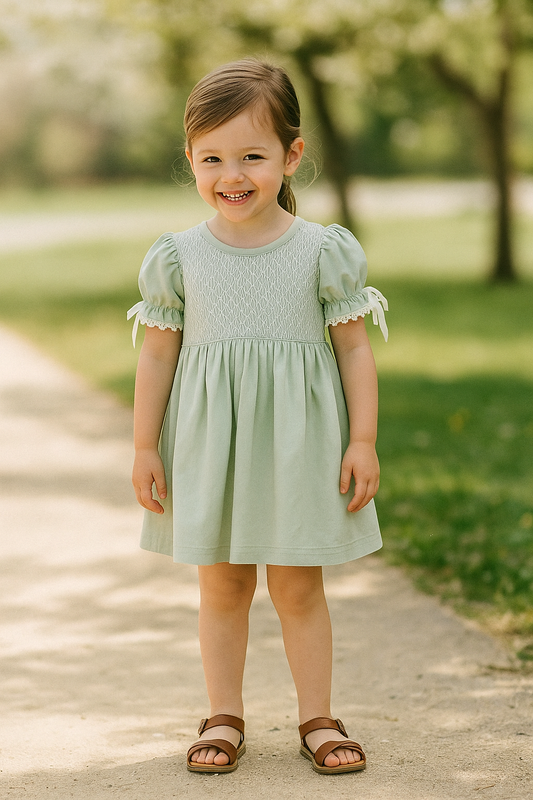 Sage Hand-Smocked Lace Girl Dress