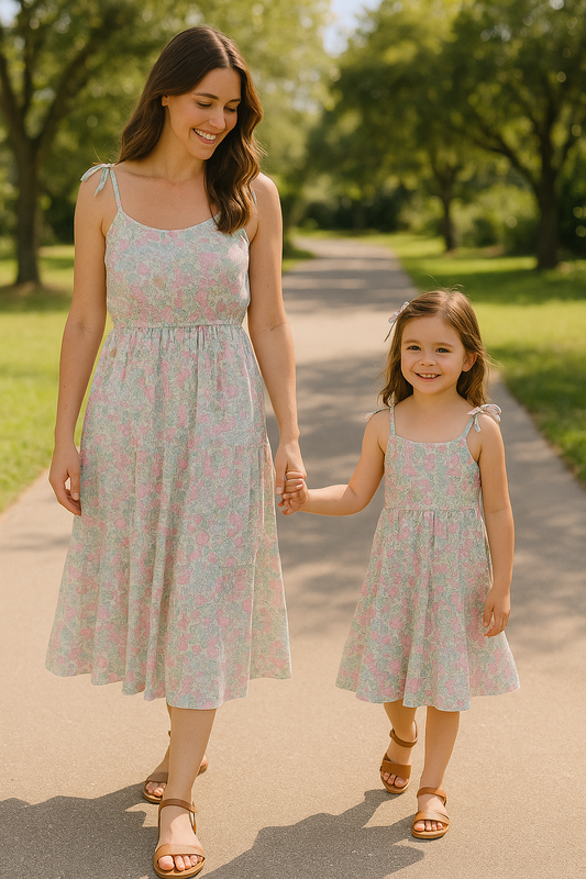 Mint Pink Floral Print Mom&Me Tiered Dress