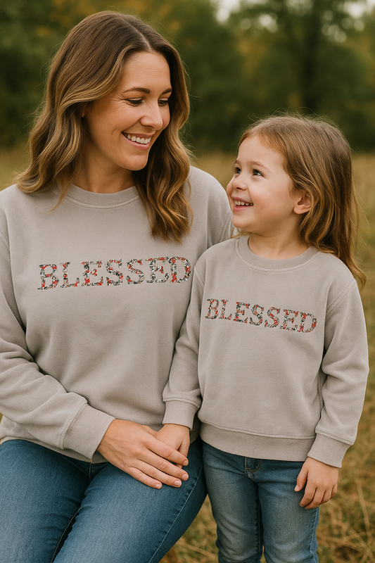 Grey Velvet Blessed Embroidery Mom&Me Sweatshirt