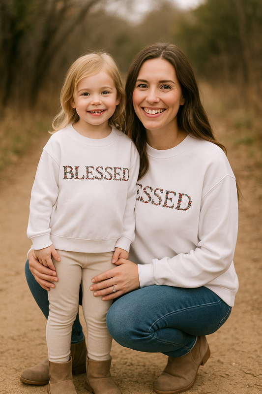 White Velvet Blessed Embroidery Mom&Me Sweatshirt