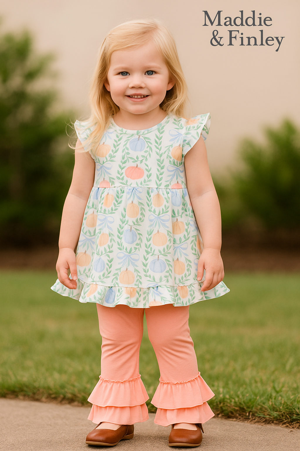 Green Bow Print Ruffle Pants Set