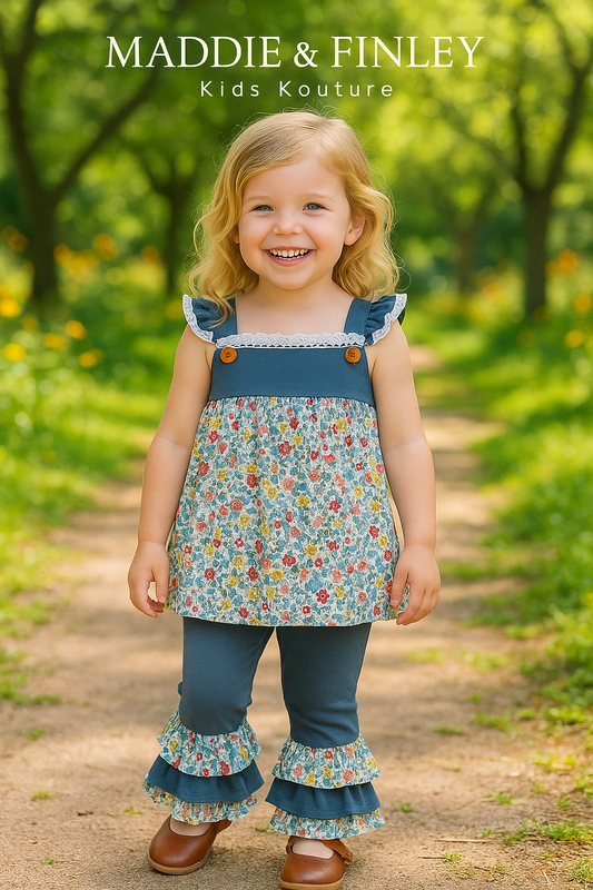 Blue Meadow Charm Lace Ruffle Pants Set