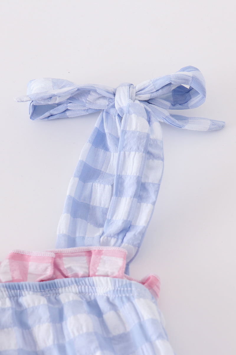 Blue Seersucker Gingham One-Piece Girl Swimsuit