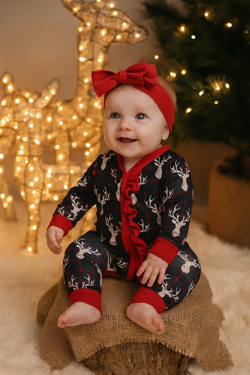 Navy Deer Print Ruffle Romper