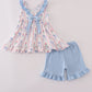 Blue Floral Bow Ruffle Shorts Set