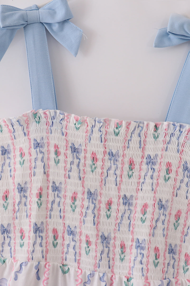 Blue Floral Bow Print Smocked Mom Dress