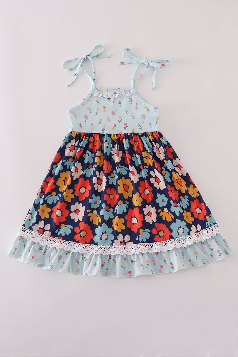 Blue Floral Ruffle Dress