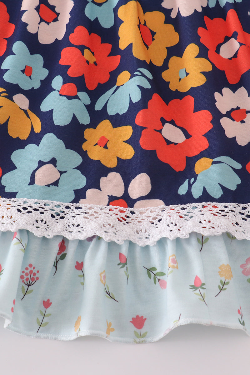 Blue Floral Ruffle Dress