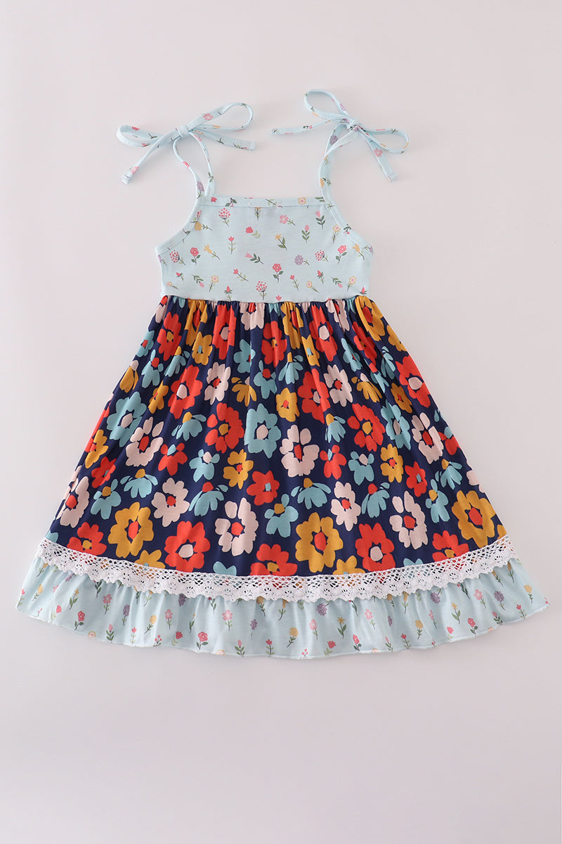 Blue Floral Ruffle Dress