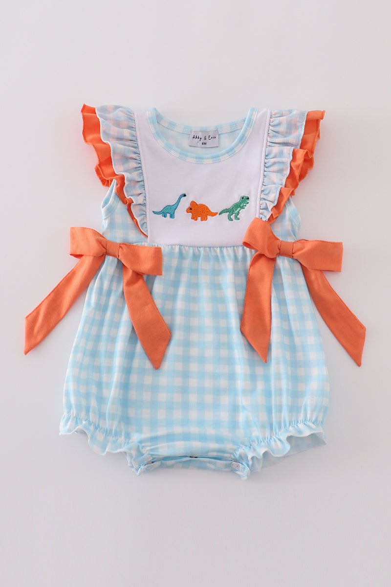 Blue Dinosaur Embroidery Ruffle Gingham Bubble