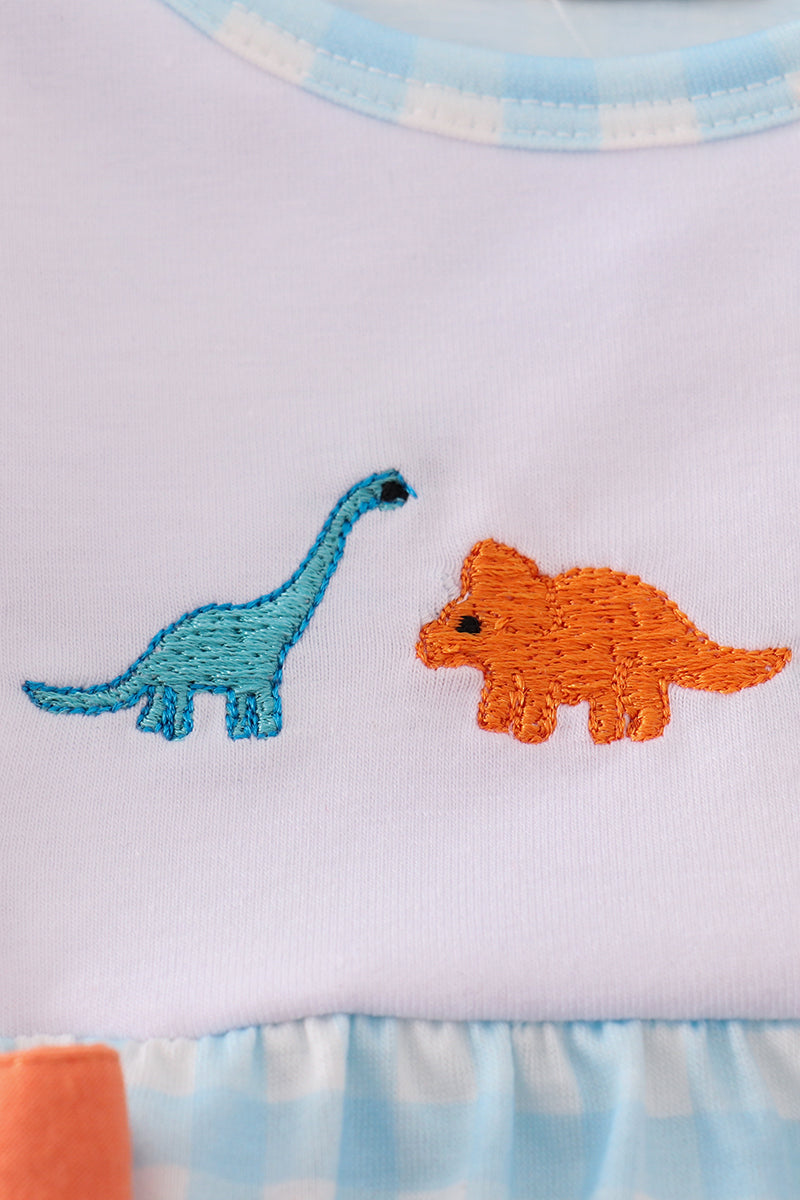 Blue Dinosaur Embroidery Ruffle Gingham Bubble