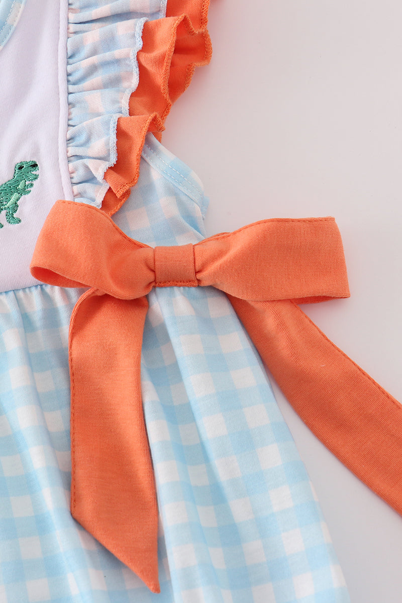 Blue Dinosaur Embroidery Ruffle Gingham Bubble