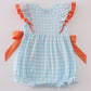 Blue Dinosaur Embroidery Ruffle Gingham Bubble