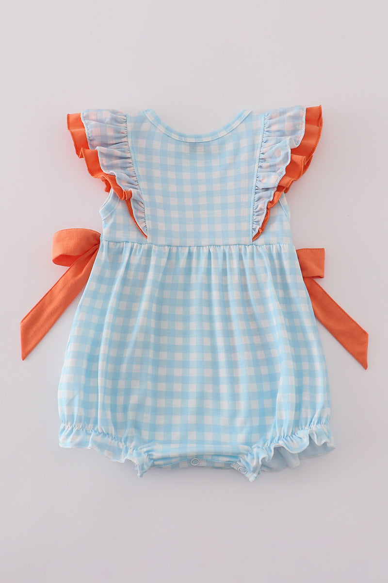 Blue Dinosaur Embroidery Ruffle Gingham Bubble