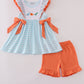 Blue Dinosaur Embroidery Gingham Ruffle Shorts Set