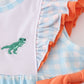 Blue Dinosaur Embroidery Gingham Ruffle Shorts Set