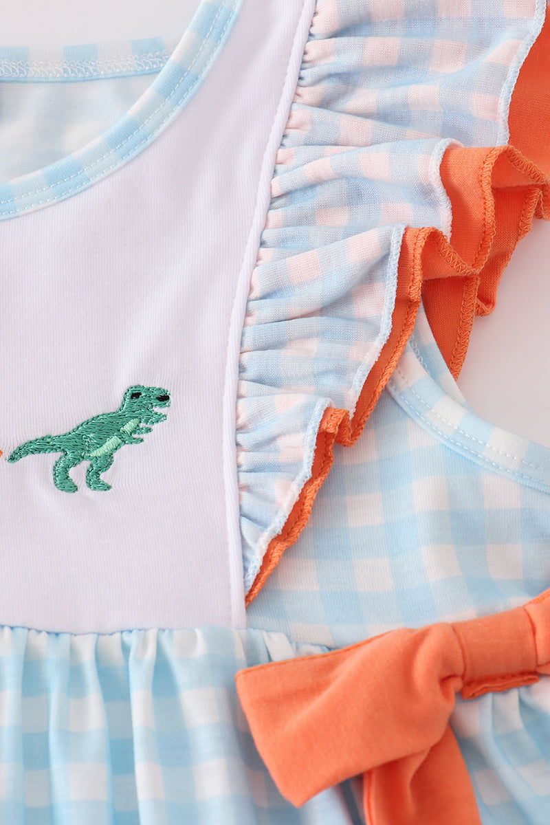 Blue Dinosaur Embroidery Gingham Ruffle Shorts Set