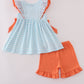 Blue Dinosaur Embroidery Gingham Ruffle Shorts Set