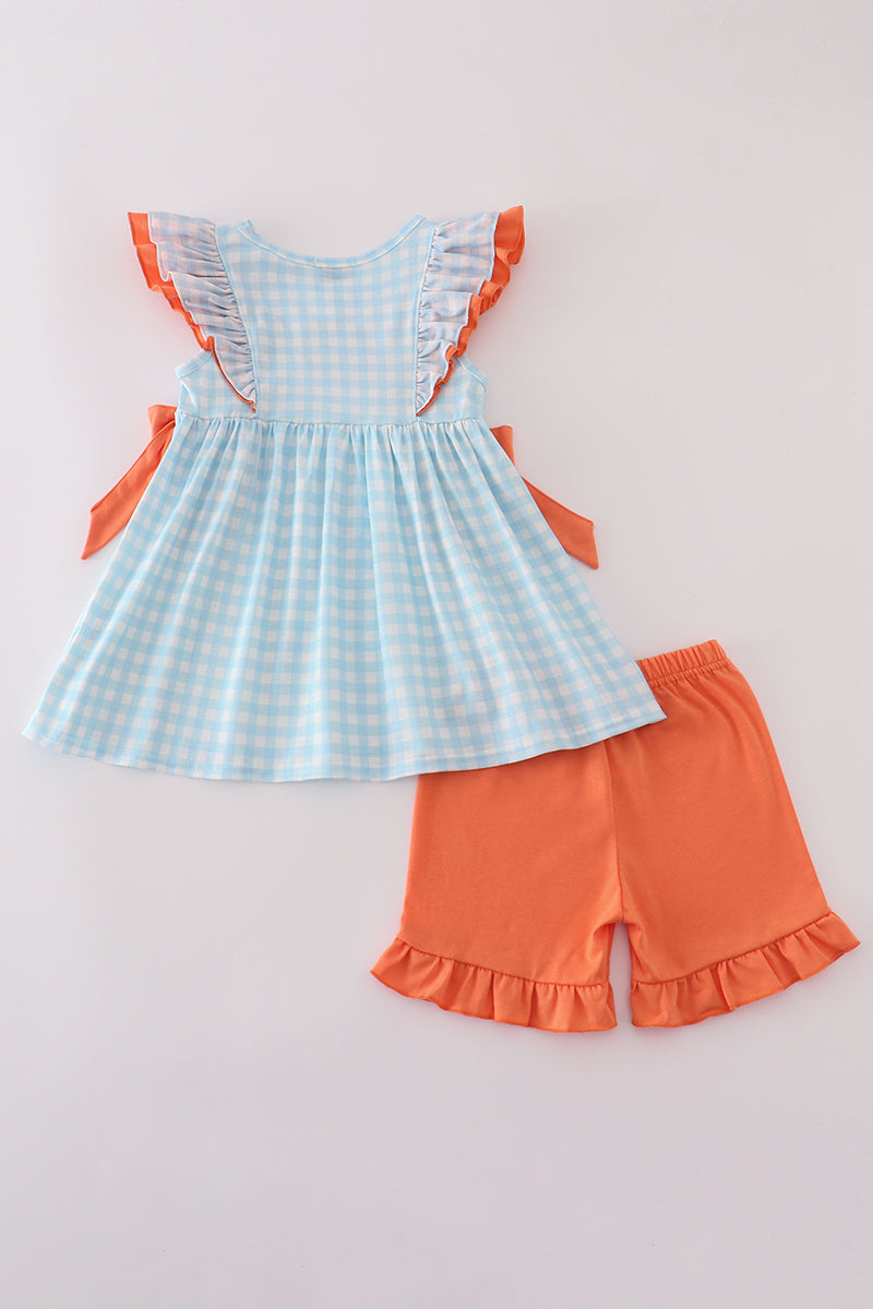 Blue Dinosaur Embroidery Gingham Ruffle Shorts Set