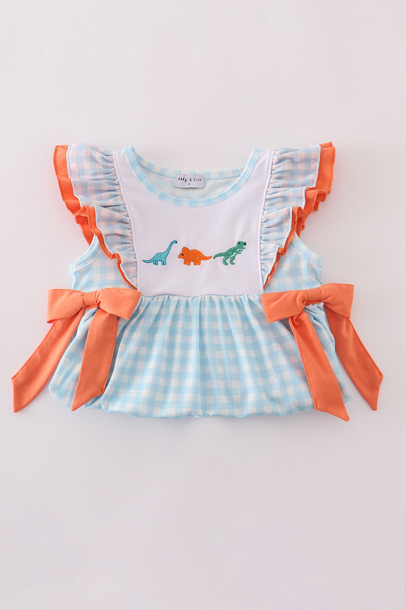 Blue Dinosaur Embroidery Gingham Ruffle Shorts Set