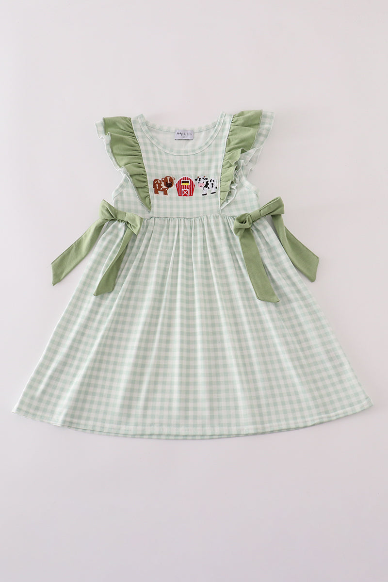 Green Farm Cow Embroidery Gingham Ruffle Dress