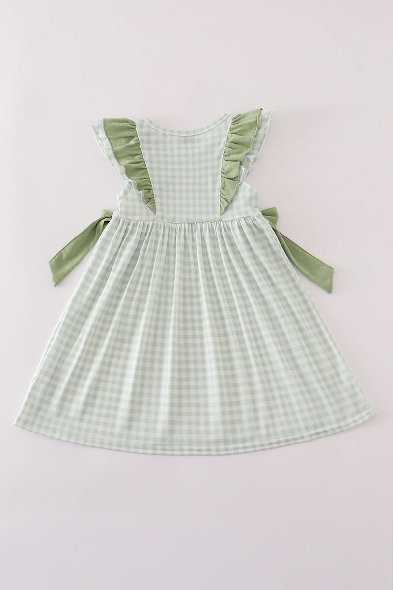 Green Farm Cow Embroidery Gingham Ruffle Dress