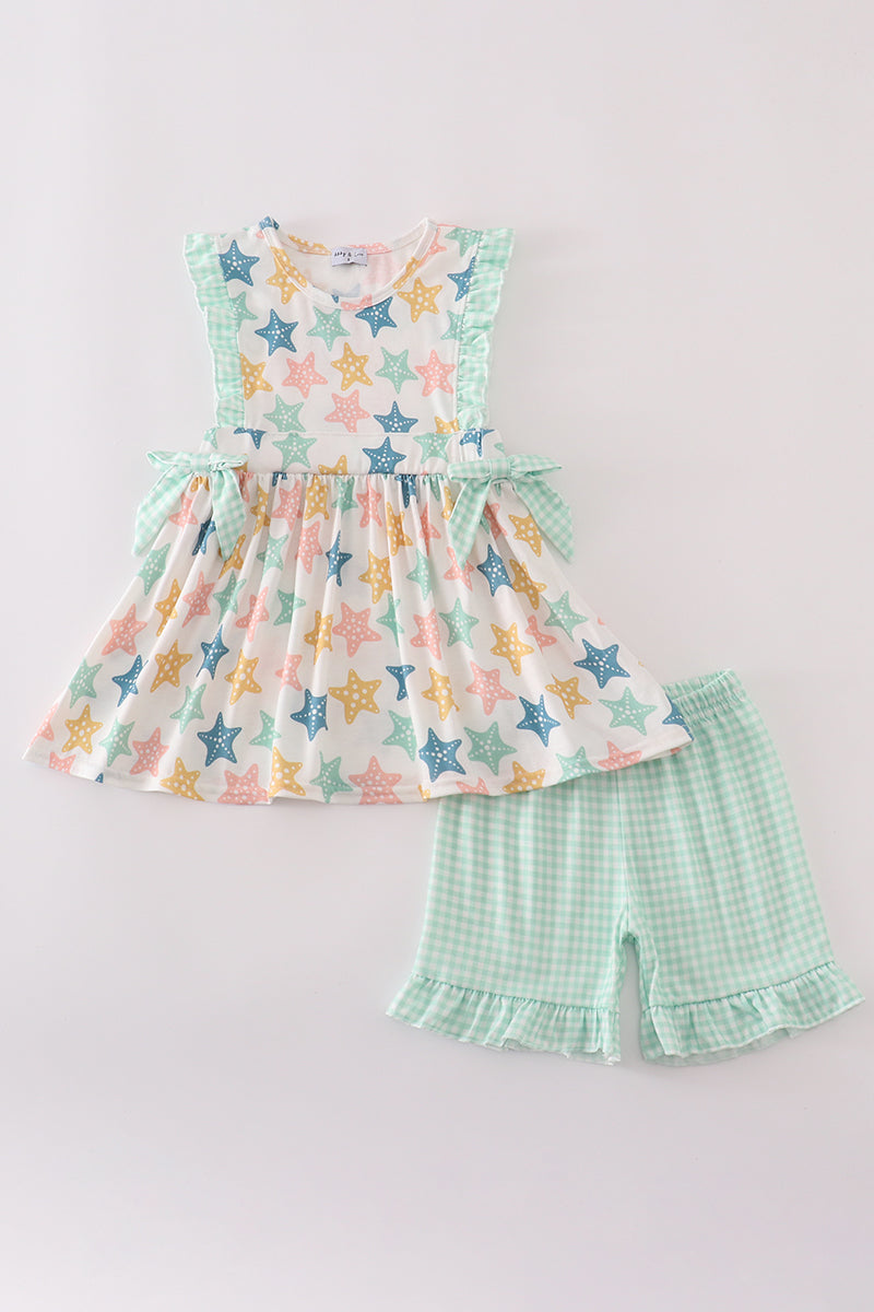 Blue Seashell Bow Ruffle Shorts Set