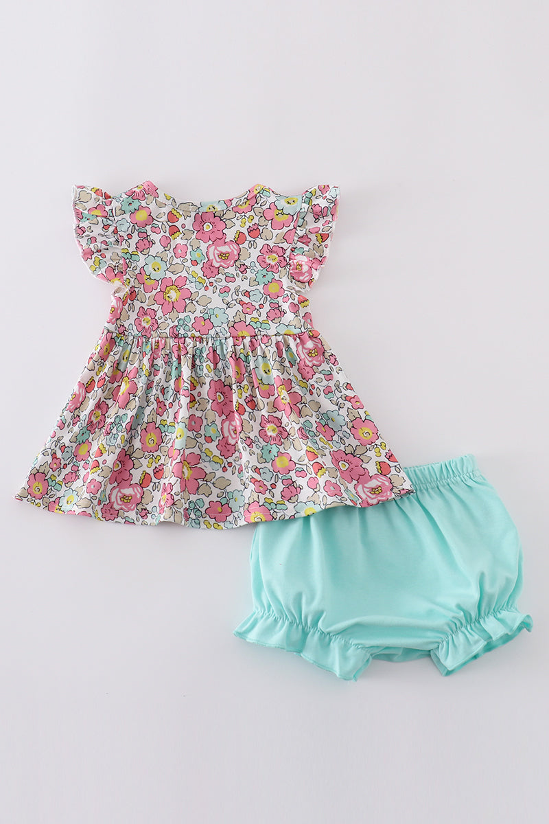 Pink & Aqua Floral Print Bloomer Set