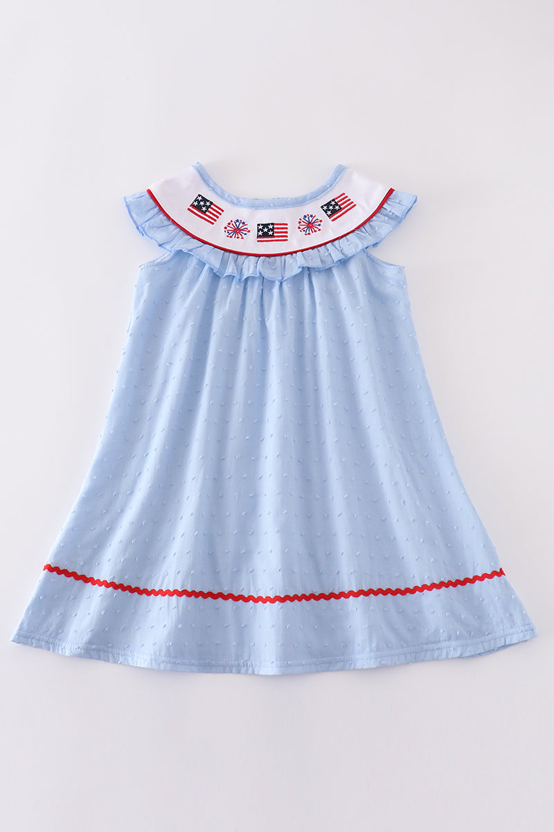 Blue Swiss Dot Flag Embroidery Dress