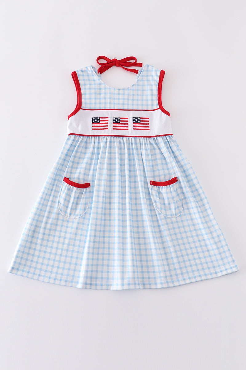 Blue Flag Embroidery Gingham Dress